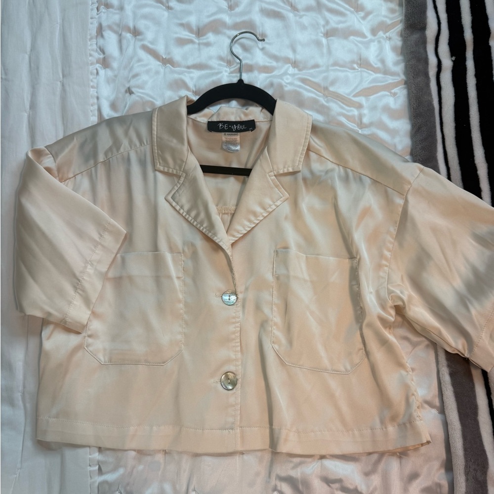 Satin cream short sleeve button down crop top